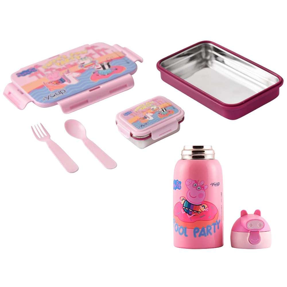 Youp Peppa Pig Pool Party Lunch Box Euro 450 ml & Insulated Double Wall Sipper Bottle Zippy 550 ml