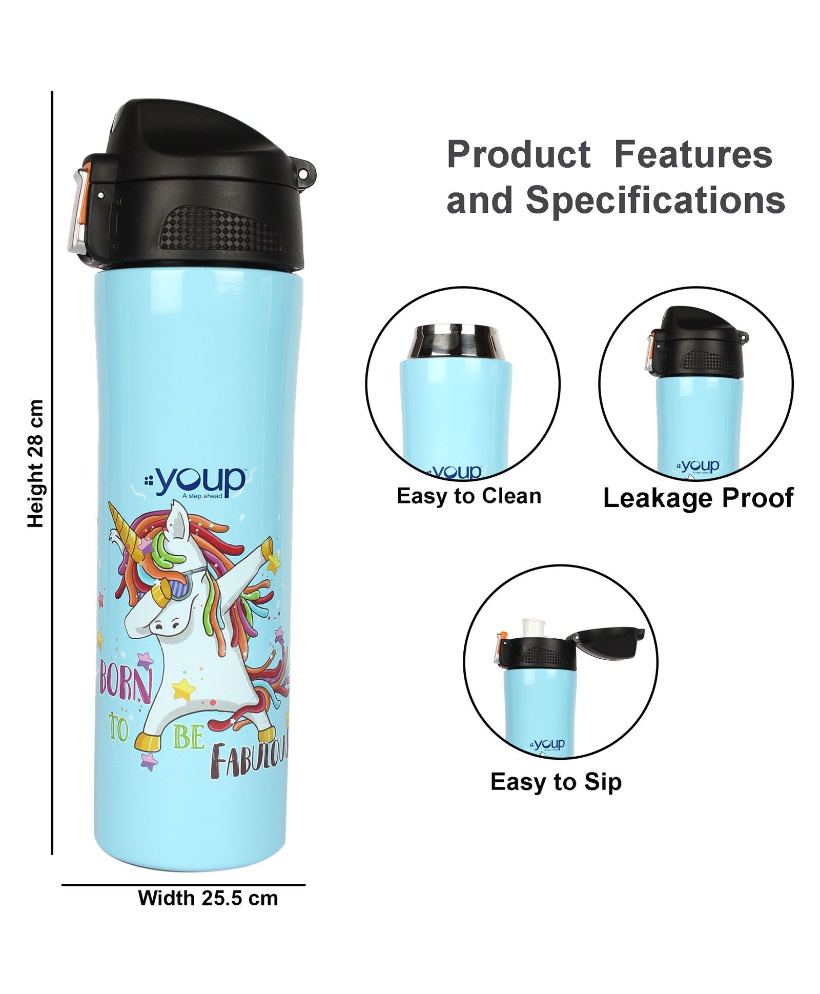 Youp Rolex Thermo Steel Bottle 500ml - Unicorn - Blue