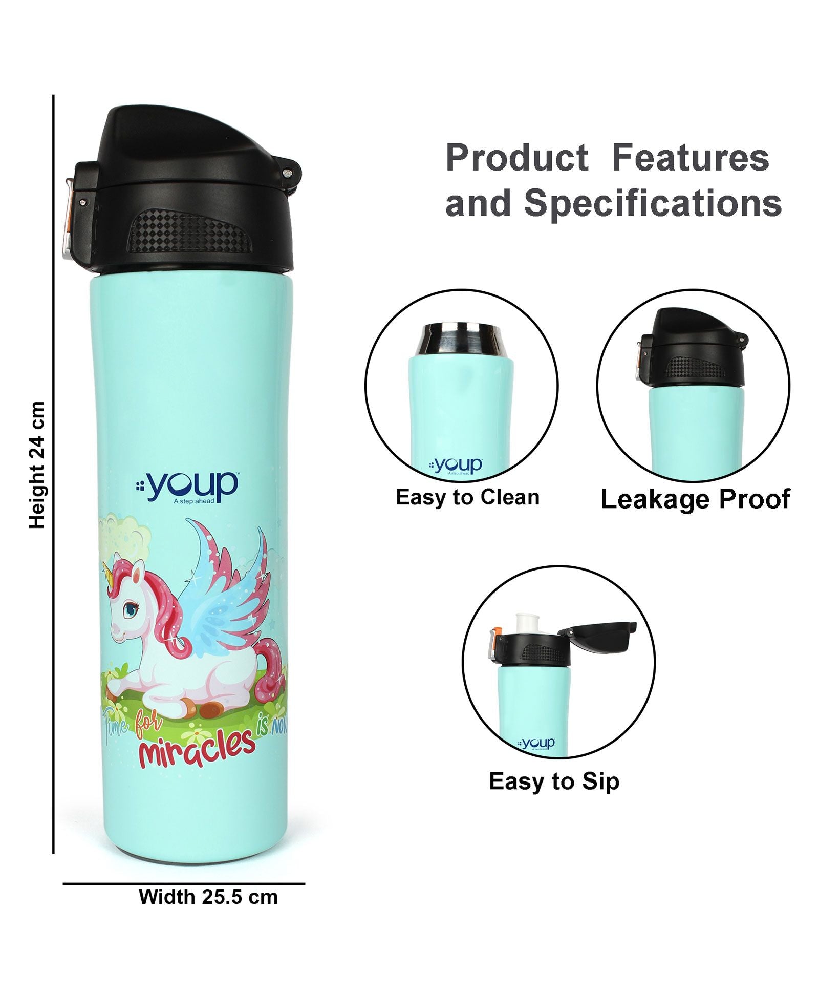 Youp Rolex Thermo Steel Bottle 500ml - Unicorn - Green