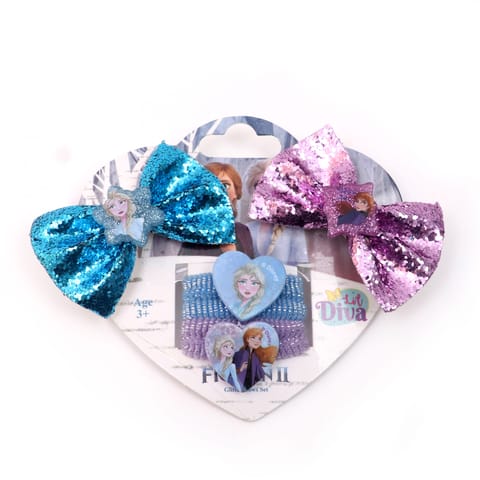 Lil Diva Disney Frozen II Pack of 6 Glitter Bows Set of 2 And 4 Rubber Bands