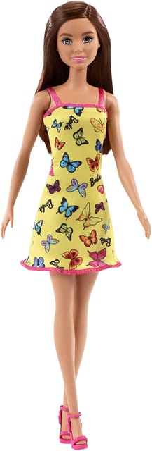 Barbie Doll With Yellow Butterfly And Barbie Logo Print Dress & Strappy Heels