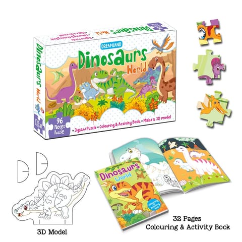 Dreamland Publications - At the Jungle Jigsaw Puzzle for Kids 96 Pcs With Colouring & Activity Book and 3D Model