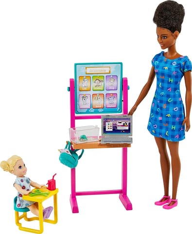 Barbie Teacher Doll (Brunette), Toddler Doll (Blonde) With Accessories