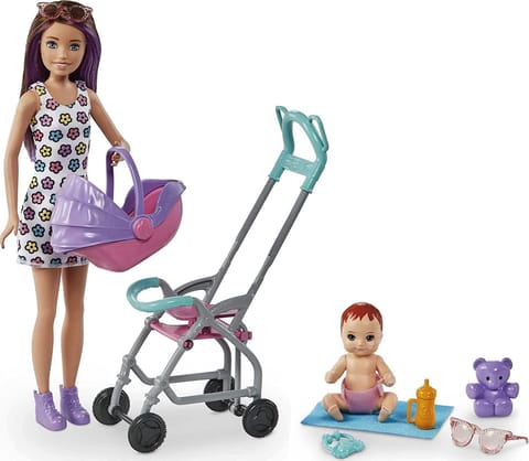 Barbie Skipper Babysitters, Inc. Playset with Babysitter Doll (Curly Brunette Hair), Stroller, Baby Doll & 5 Accessories