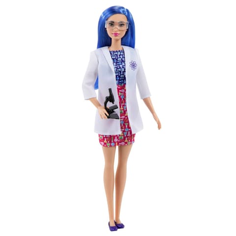 Barbie Scientist Doll, Blue Hair, Color Block Dress, Lab Coat & Flats, Microscope Accessory
