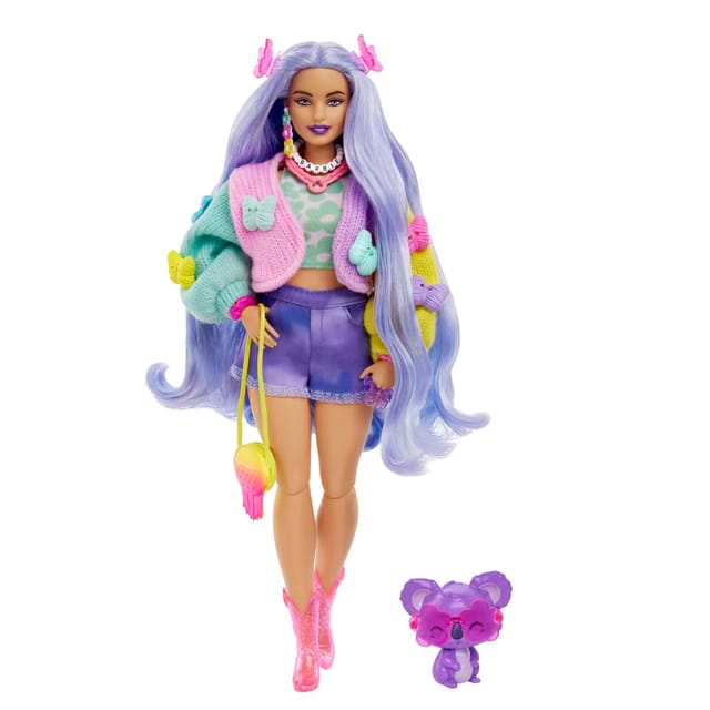 Barbie Extra Doll With Pet Koala, Wavy Lavender Hair, Butterfly Sweater Outfit And Accessories