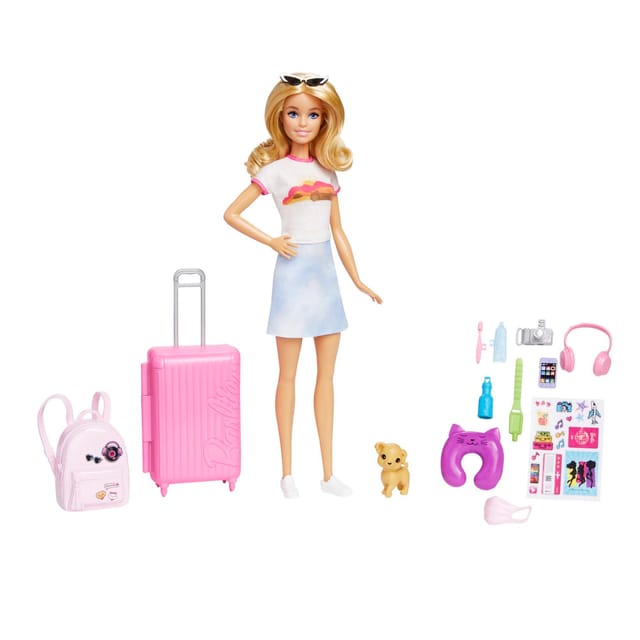 Barbie Doll And Accessories, 'Malibu' Travel Set With Puppy And 10+ Pieces Including Working Suitcase