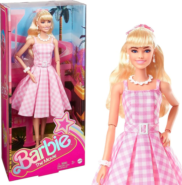 Barbie The Movie Doll, Margot Robbie as Barbie, Collectible Doll Wearing Pink and White Gingham Dress with Daisy Chain Necklace