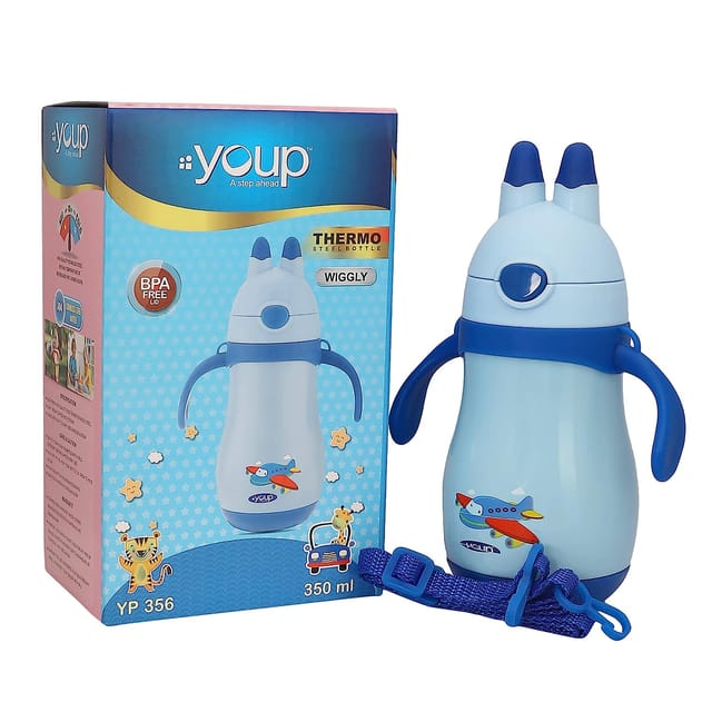 Youp Wiggly Thermo Steel Bottle 350ml - Aeroplane Print - Blue