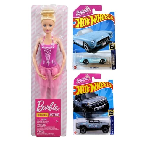 Hot Wheels and Barbie Combo - Barbie Ballerina Doll, 1956 Corvette and 2024 GMC Hummer EV