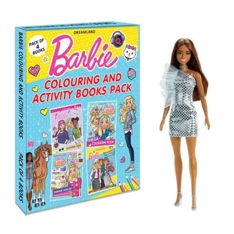 Barbie Fashionistas Doll Curvy, Dress, Love Necklace & Barbie Copy Colouring Books Pack (A Pack of 6 Books)
