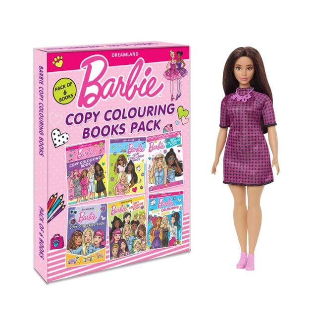 Barbie Fashionistas Doll Curvy, Dress, Love Necklace & Barbie Copy Colouring Books Pack (A Pack of 6 Books)