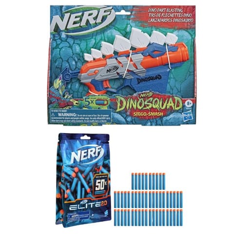 Hasbro NERF Dino Squad Stego Smasher Blaster & Elite 2.0 50-Dart Refill Pack