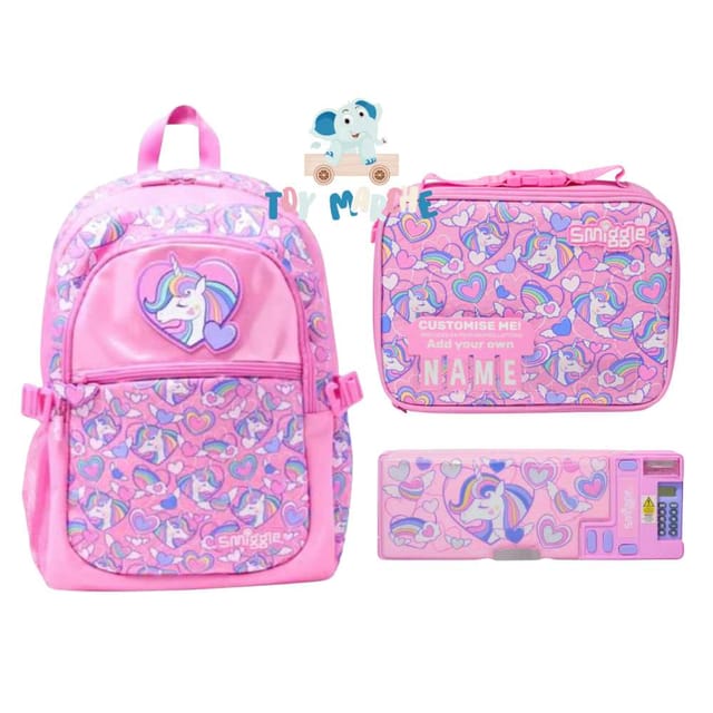 Smiggle Fly High Unicorn Pink Backpack, Square Attach Id Lunchbox And Pop Out Pencil Case