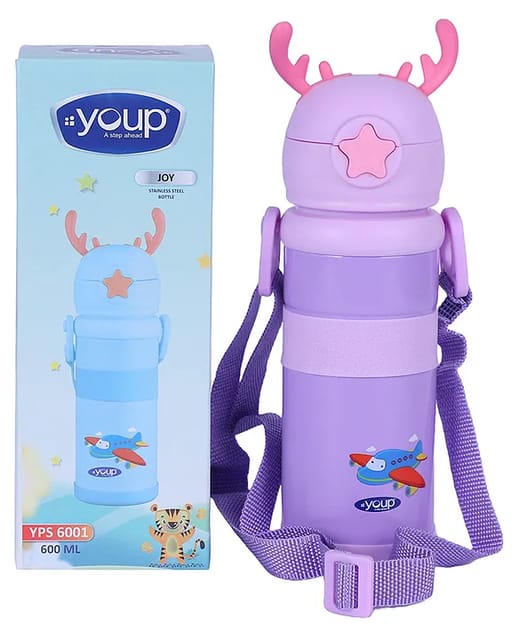YOUP Stainless Steel Puple Color Owl Print Kids Sipper Bottle With Strap JOY -600 ml