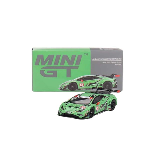 Mini GT 813 Lamborghini Huracán GT3 EVO2 63 Iron Lynx IMSA 2023 Daytona 24 Hrs 1:64