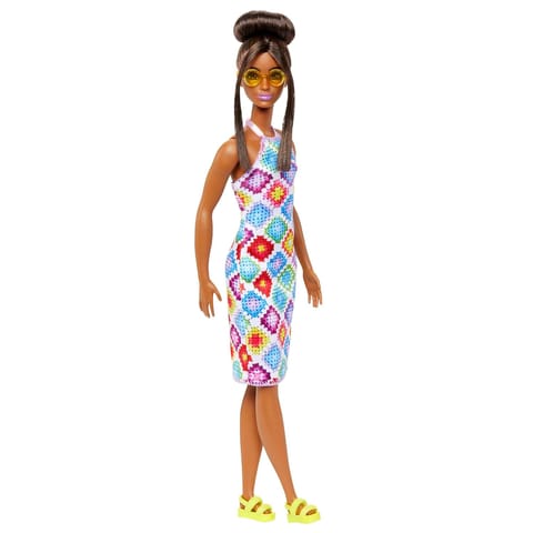 Barbie Fashionistas Doll with Brown Hair in Bun, Wearing Colorful Crochet Halter Dress, Sunglasses and Sandals