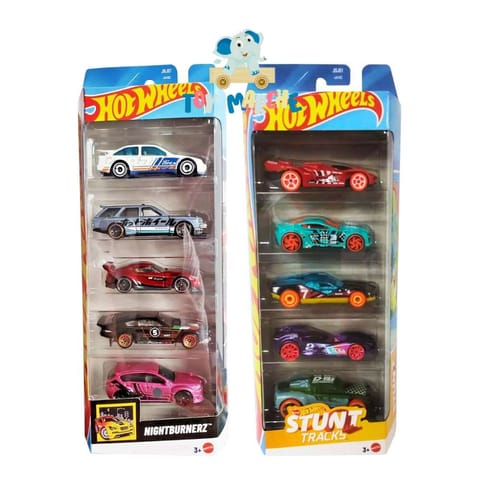 Hot Wheels 5 Car Pack Combo - Nightburnerz And Stunt Tracks