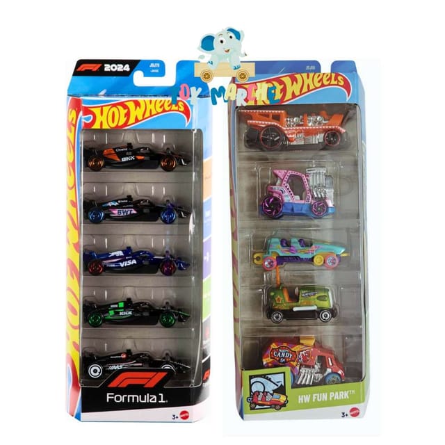 Hot Wheels 5 Car Pack Combo - Formula 1 And HW Fun Park