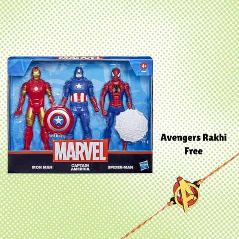 Hasbro Marvel Action Figure Toy 3-Pack Iron Man, Spider-Man, Captain America With Free Avengers Rakhi