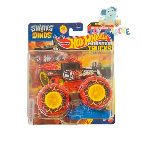 Hot Wheels Monster Trucks Sharks Vs Dinos Team Dino Bone Shaker - Includes Crushed Car