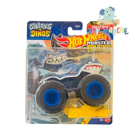 Hot Wheels Monster Trucks Sharks Vs Dinos Team Shark Great Bite - Includes Crushed Car