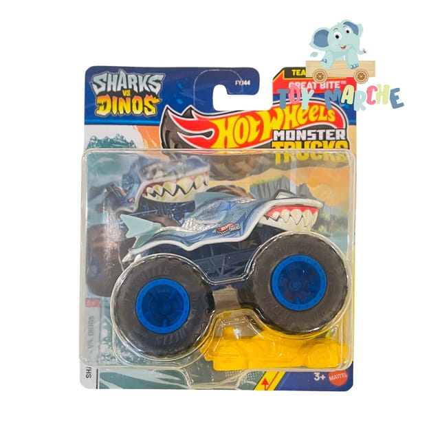 Hot Wheels Monster Trucks Sharks Vs Dinos Team Shark Great Bite - Includes Crushed Car