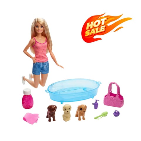 Barbie Doll, Blonde, And Playset With 3 Puppies, Bathtub And Accessories