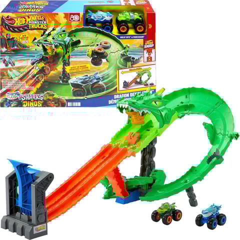 Hot Wheels Monster Trucks Sharks vs Dinos Dragon Destruction Playset & 2 Toy Trucks