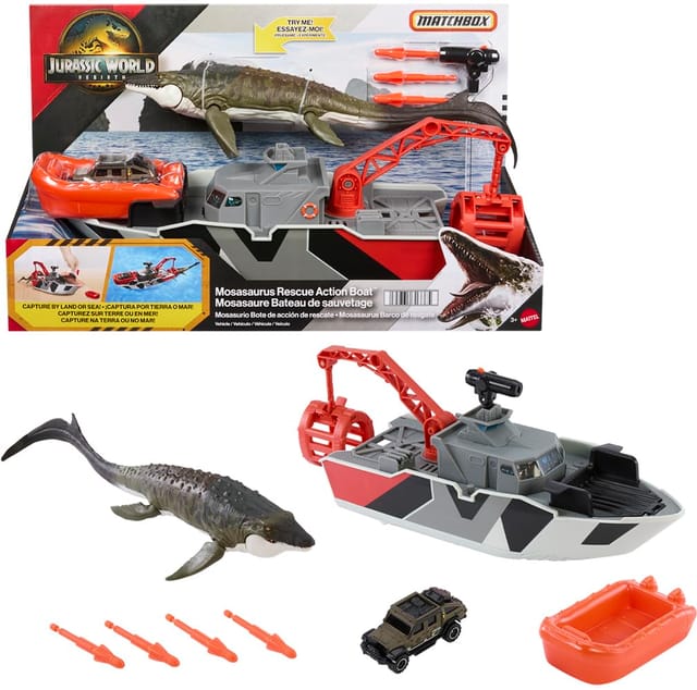 Matchbox Jurassic World Mosasaurus Rescue Action Boat Playset With Ship, Dino, Toy Car & Missiles