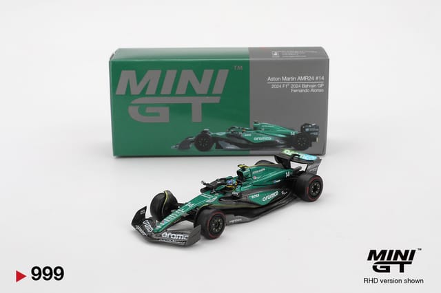 Mini GT 999 Aston Martin AMR24 #14 Fernando Alonso 2024 F1 2024 Bahrain GP