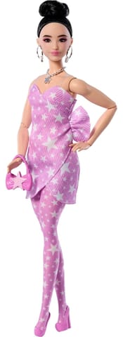 Barbie Deluxe Style Fashion Doll #11 in Pink Denim Star-Print Dress, Black Hair in Bun
