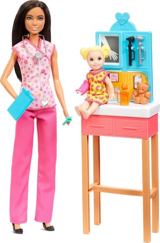 Barbie Pediatrician Doll and Doctor Playset with Accessories, Pink Scrubs for 3 Years & Above (Pink)