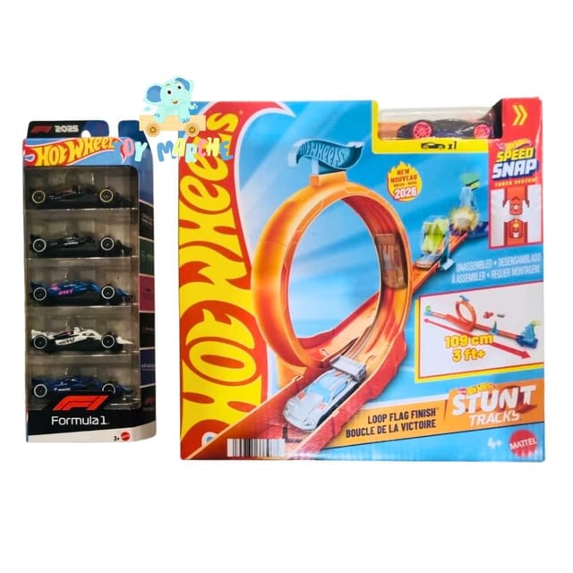Hot Wheels 2025 Formula 1 5 Car Pack And Hot Wheels Stunt Tracks - Loop Flag Finish
