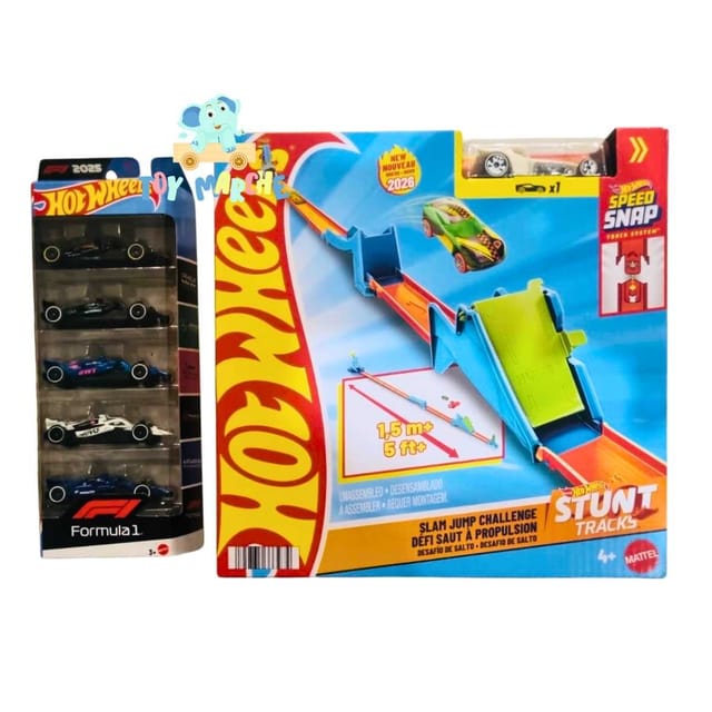 Hot Wheels 2025 Formula 1 5 Car Pack And Hot Wheels Stunt Tracks - Slam Jump Challenge