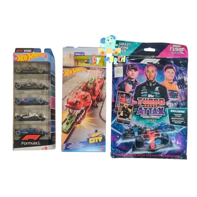Hot Wheels 2025 Formula 1 5 Car Pack, Hot Wheels Dino Launcher And Topps F1 Turbo Attax 2023 – Smart Game Pack