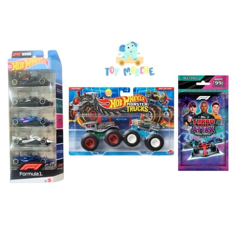 Hot Wheels 2025 Formula 1 5 Car Pack, Monster Trucks Loco Punk Vs Airplane Mode And Topps F1 Turbo Attax Trading and Collectible Card Game (Flow Pack of 20 Cards)