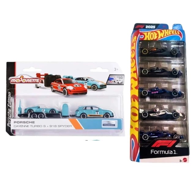 Hot Wheels 2025 Formula 1 5 Car Pack And Majorette Porsche Edition Porsche Cayenne Turbo S + 918 Spyder