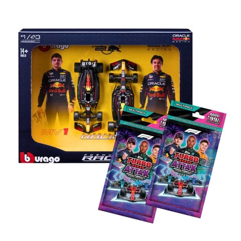 Bburago Formula 1 Oracle Red Bull Racing RB20 - Max Verstappen And Sergio Perez (2024) + 2 Complimentary Topps Turbo Attax 21-Card Pack