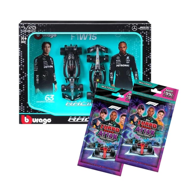 Bburago Formula 1 2024 Mercedes Benz Racing Team 2X Lewis Hamilton and George Russell + 2 Complimentary Topps Turbo Attax 21-Card Pack