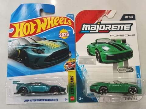 Hot Wheels 2024 Aston Martin Vantage GT3 and  Majorette Porsche 911 Carrera S