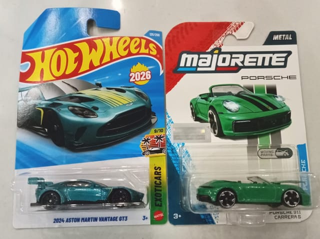 Hot Wheels 2024 Aston Martin Vantage GT3 and  Majorette Porsche 911 Carrera S