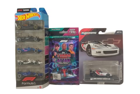 Hot Wheels 2025 Formula 1 5 Car Pack And Majorette 2005 Chevrolet Corvette C6R + F1 Cards