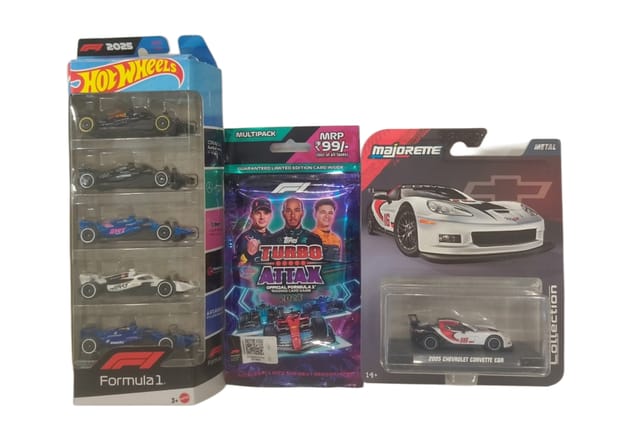 Hot Wheels 2025 Formula 1 5 Car Pack And Majorette 2005 Chevrolet Corvette C6R + F1 Cards