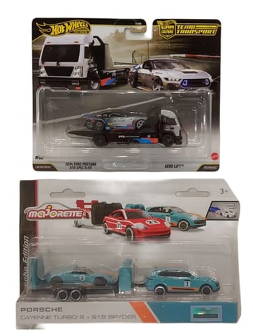 Hot Wheels Team Transport  Ford Mustang RTR SPEC 5-FD & Aero Lift and Majorette Porsche Edition Porsche Cayenne Turbo S + 918 Spyder