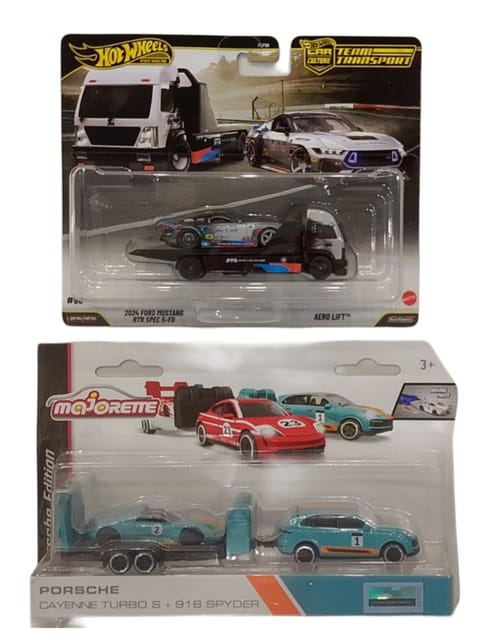 Hot Wheels Team Transport  Ford Mustang RTR SPEC 5-FD & Aero Lift and Majorette Porsche Edition Porsche Cayenne Turbo S + 918 Spyder