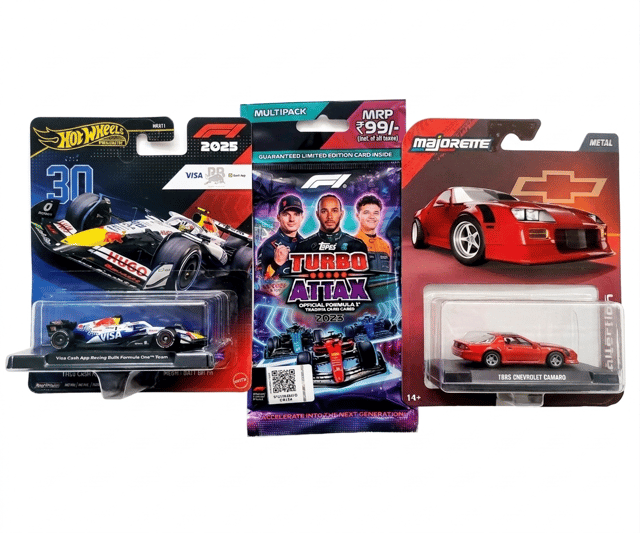 Hot Wheels Formula 1 Visa Cash App Racing Bulls F1 team, Turbo Attax Cards and Majorette Metal Chevrolet Camaro Red