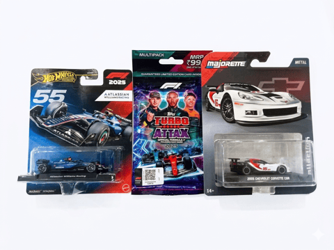 Hot Wheels Formula 1 Atlassian Williams Racing Team 55, Turbo Attax Cards and Majorette Metal 2005 Chevrolet Corvette C6R