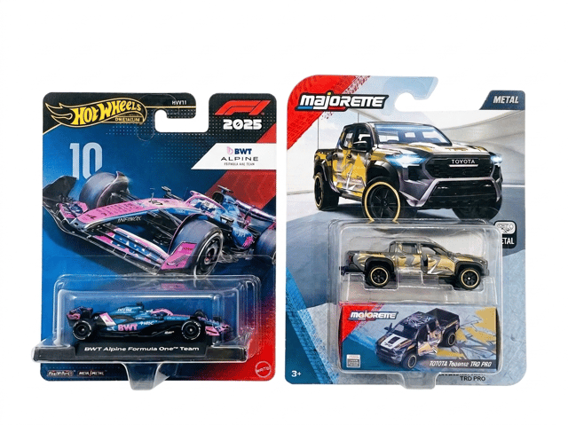 Hot Wheels Formula 1 BWT Alpine F1 Team (10) and Majorette Showroom Toyota Tacoma TRO PRO
