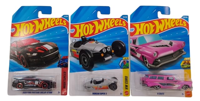 Hot Wheels 2020 Ford Mustang Shelby GT500, Morgan Super 3 and 8 Crate